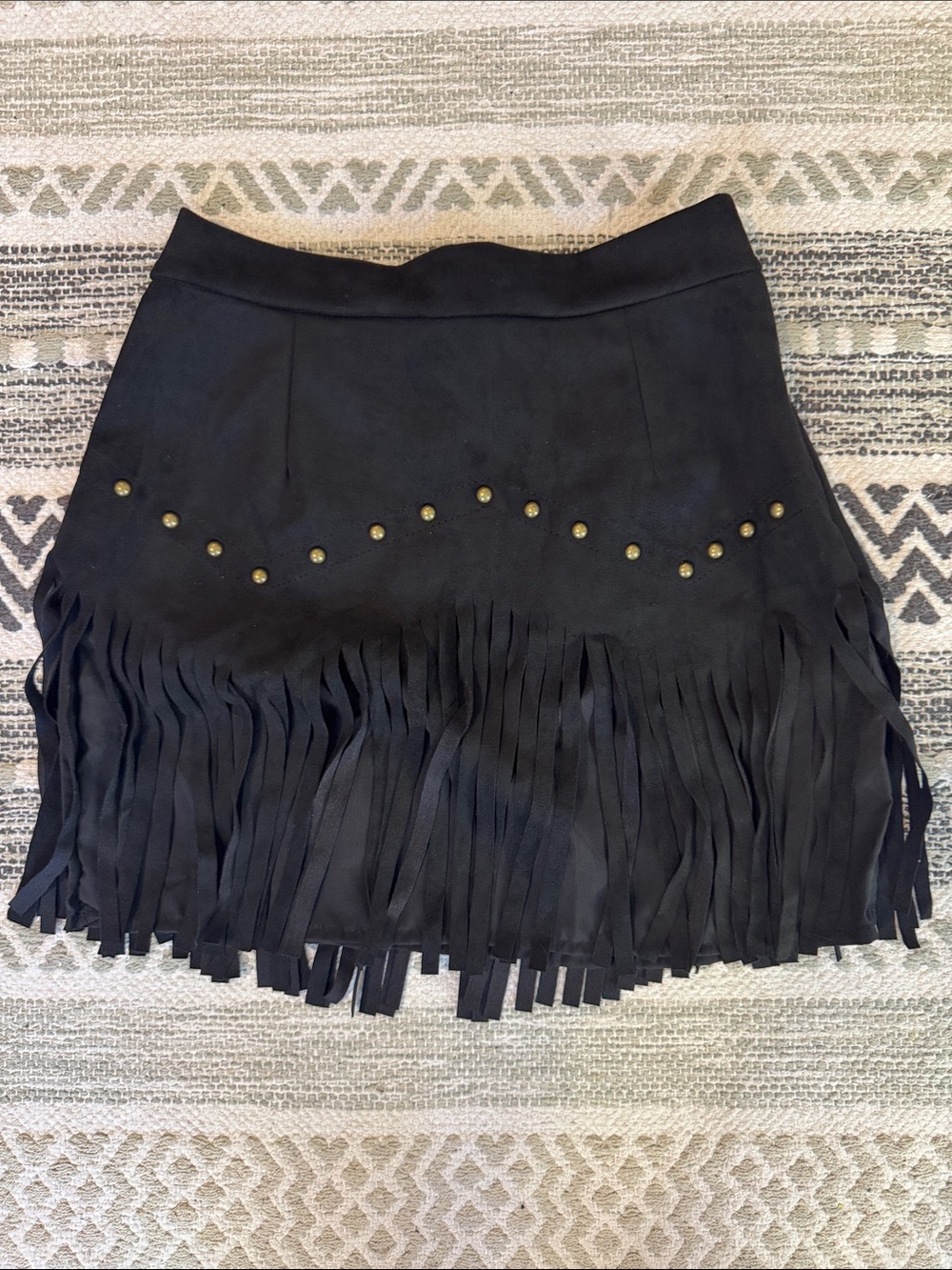Black Fringe Mini Skirt with Stud Detail